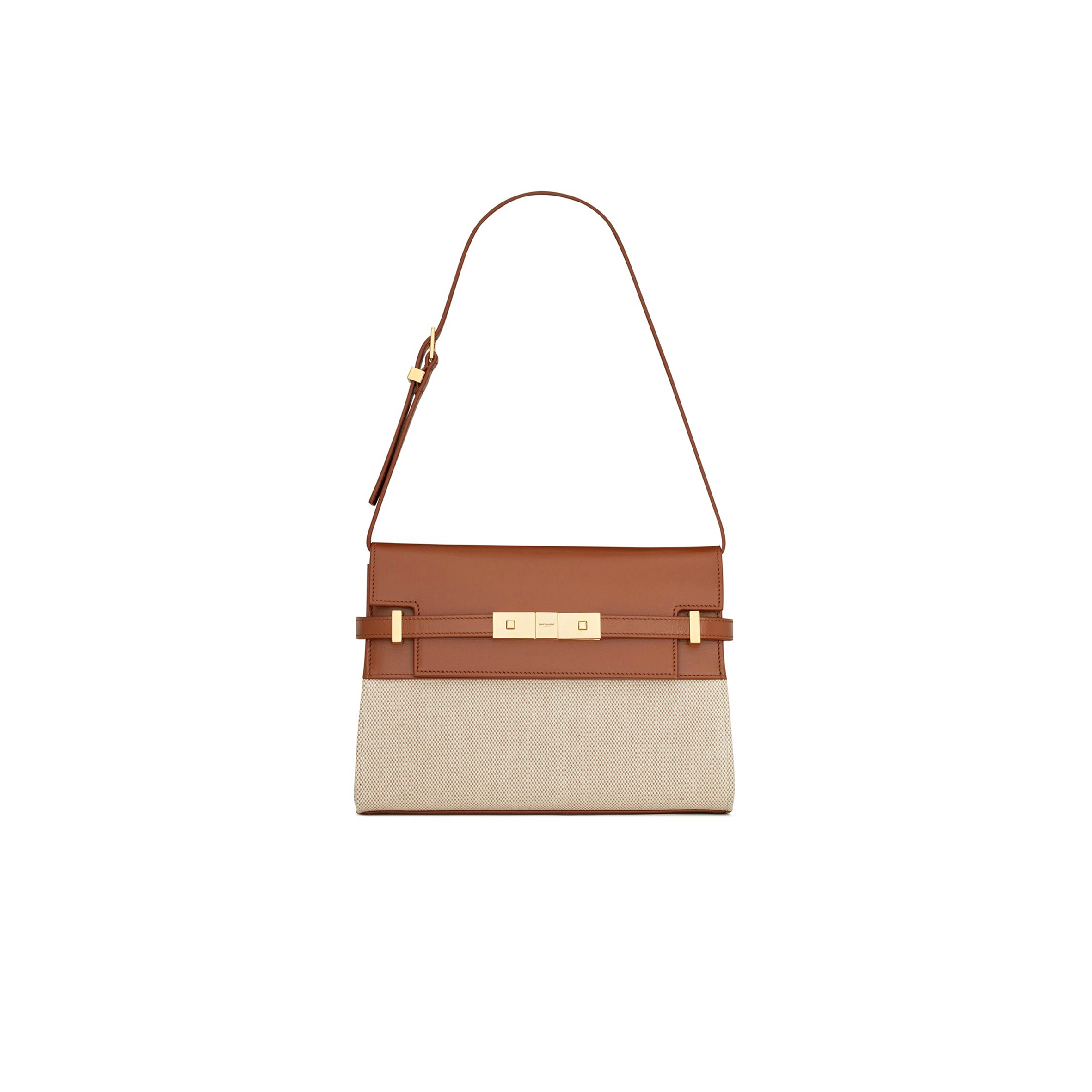 YSL MANHATTAN SMALL IN LEATHER AND CANVAS SHOULDER BAG 675626545854102 (24*17.5*6cm)